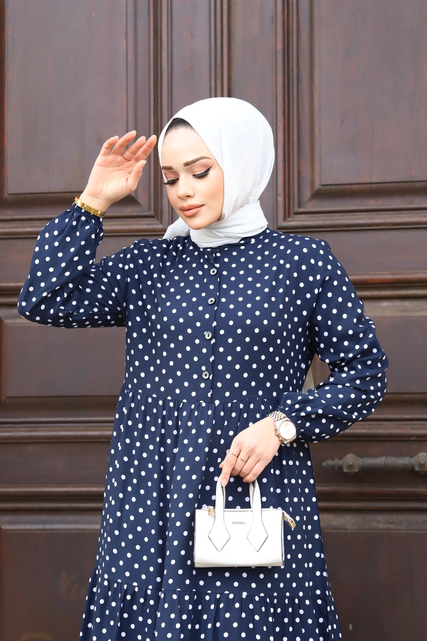 Modest Navy Blue Polka-dot Salma Dress